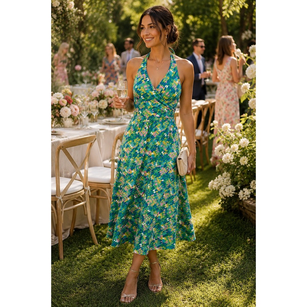 Boden Green Abstract Floral Halter Wrap Midi Dress Surplice Neck Coastal 6R